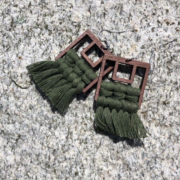 Green Tassel Earring | Dark Wood Cotton & Silver - Picture 3 of 8